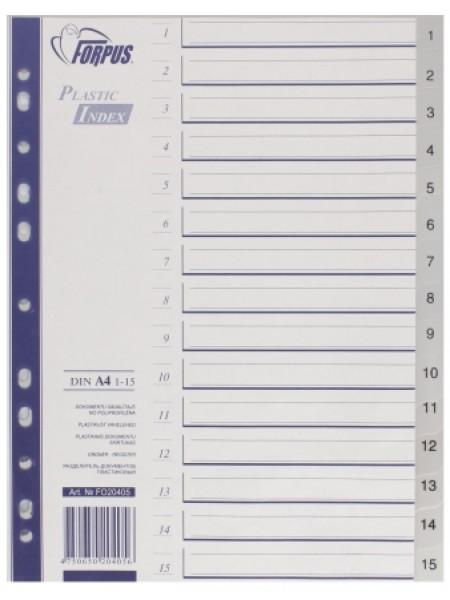 FORPUS Разделители пластиковые, цифровые 1-15, ф.А4, цвет серый FORPUS Разделители пластиковые, цифровые 1-15, ф.А4, цвет серый