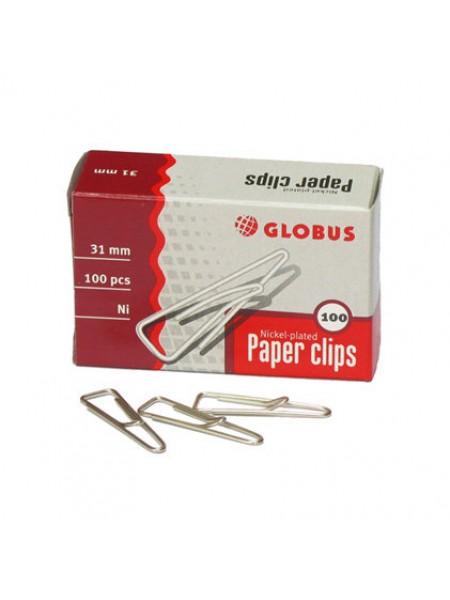 ГЛОБУС Скрепки канцелярские 31мм, 100шт/уп, с загнутым краем, никелированные ГЛОБУС Скрепки канцелярские 31мм, 100шт/уп, с загнутым краем, никелированные