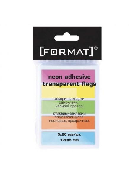 FORMAT Закладки пластиковые 45*12, неон, 5 цветов по 20л FORMAT Закладки пластиковые 45*12, неон, 5 цветов по 20л