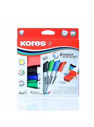 KORES Набор маркеров для доски,  4 цвета + щетка