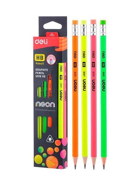 DELI Карандаш чернографитный трехгранный HB с ластиком NEON