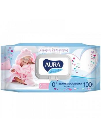 Aura Салфетки влажные детские, очищающие "Ultra comfort", без спирта, 100шт, клапан