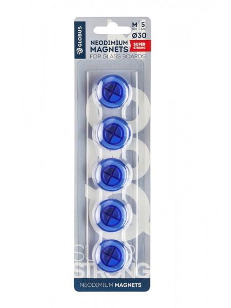 ГЛОБУС Набор магнитов неодимовых 30 мм 5 шт. прозрачно-синие (блистер)