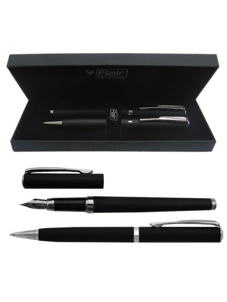 Flair Набор ручек (перо+шарик) в футляре Р-11, GOLDEN EYE, черный/серебро