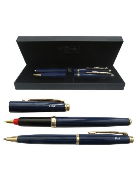 Flair Набор ручек (перо+шарик) в футляре Р-11, MOMENTO, синий/золото