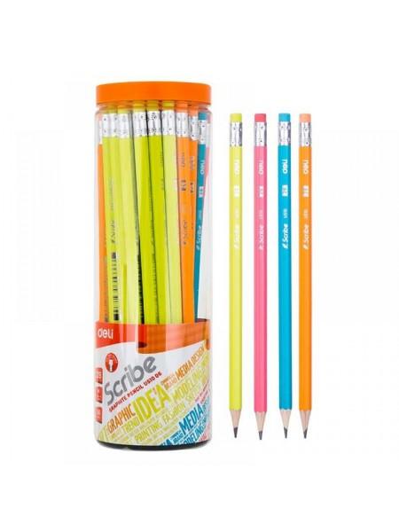 DELI Карандаш чернографитный Scribe, 188мм, 2B, с ластиком, неон ассорти